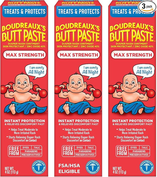 Boudreaux's Butt Paste Maximum Strength Diaper Rash Cream, Ointment | For Baby | 4 oz Tube | Pack of 3