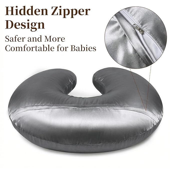 Pro Goleem Satin Nursing Pillow Cover 2 Pack Soft Silk Feeling Feeding Pillow Slipcover for Breastfeeding Moms Fits Standard Infant Nursing Pillow or Positioner Gray and White