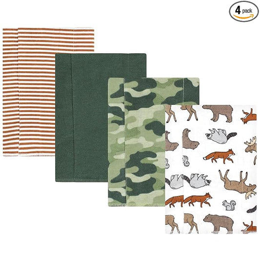Hudson Baby Unisex Baby Cotton Flannel Burp Cloths, Animal Adventure 4 Pack, One Size