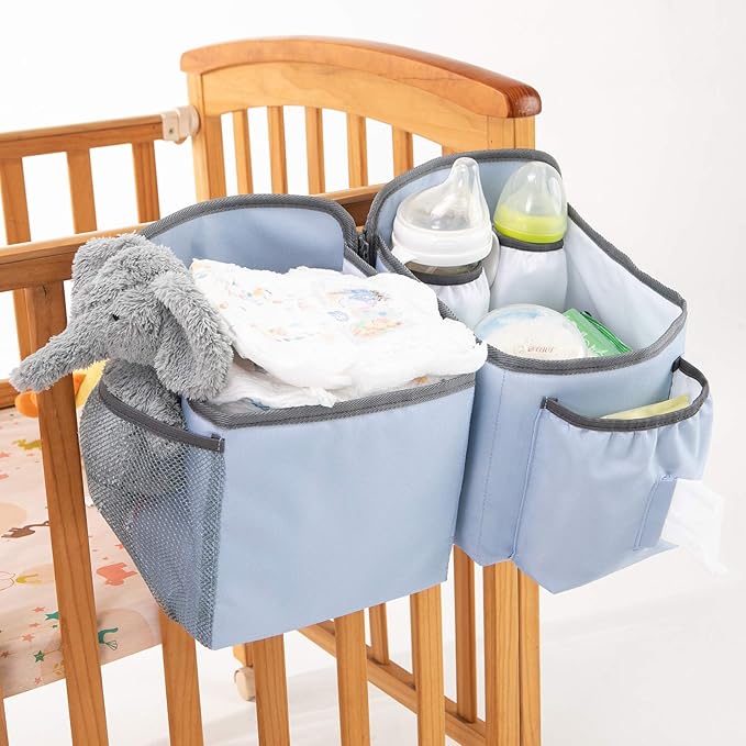 MOMIGO Baby Diaper Caddy Bag Stacker Organize - Nursery Storage Bin for Diapers, Wipes & Toys with Insulation Pocket - 2pcs Diaper Organizer for Crib Wall (Blue)