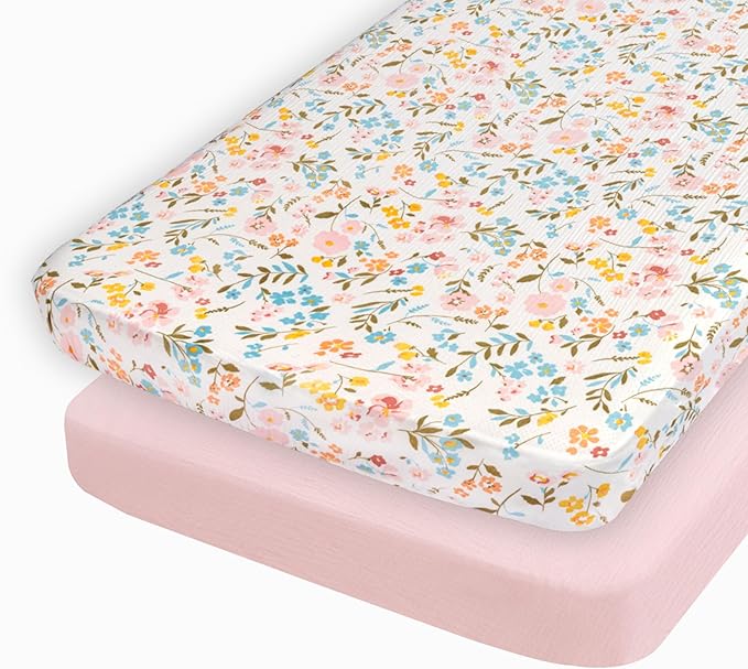 Muslin Cotton Crib Sheets for Girls, 2 Pack 52"x28" Fitted Baby Crib Sheet for Girl, Soft & Breathable Baby and Toddler Bed Sheets, Mattress Cover Muslin Cribs Sheet Set Nursery Gift Pink Floral