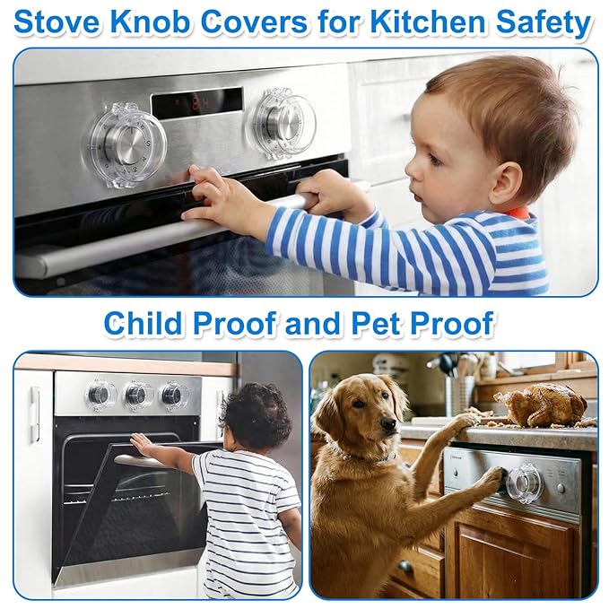 Stove Knob Covers for Child Safety – 5-Pack Heat-Resistant Oven Lock Knob Protectors with Heat Alert Stickers, Baby and Pets Proofing Stove Knob Guards for Gas & Electric Stoves(Clear-1)