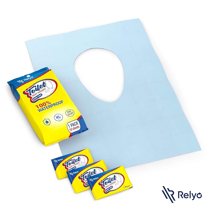 Relyo 20 Pack XL Disposable Toilet Seat Covers – Waterproof Toilet Cover Sheets with Adhesive Tabs for Adults, Kids & Toddlers, Travel, Public Restrooms, Airplane, Camping