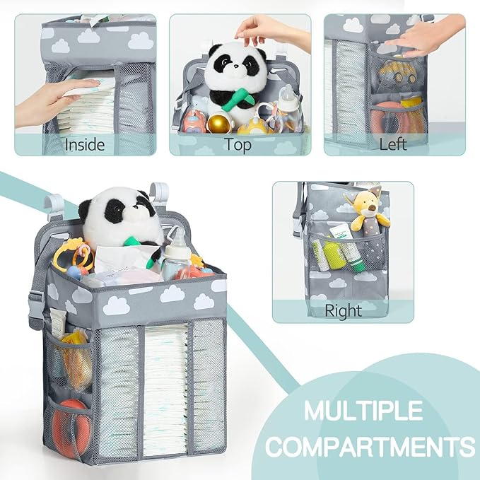 Baby Diaper Caddy Organizer, Multi-Compartment Nursery Baby Diaper Caddy with Adjustable Straps, Portable Hanging Diaper Stacker for Stroller, Car, Travel, Nursery (Grey)