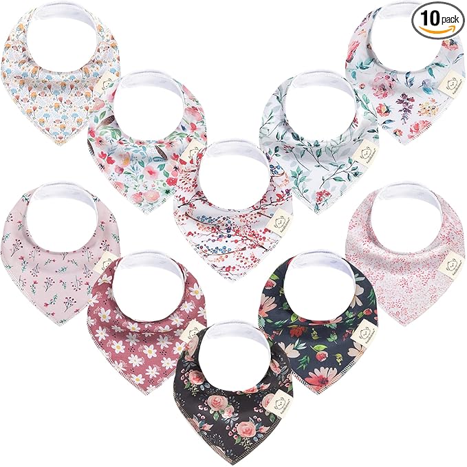 KeaBabies 10-Pack Organic Baby Bandana Bibs for Girls - Super Absorbent Triangle Baby Bibs for Drooling and Teething Infant, 100% Cotton Extra Soft for Newborn, Infant 0-36 Months (Tea Party)