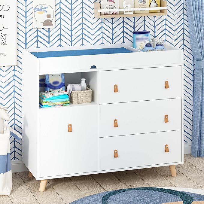 Timechee Baby Dresser Changing Table with Drawers,Shelf,Hidden Laundry Basket Storage,2 in 1 Nursery Dresser Chest for Infants, Baby Diaper Changing Station for Daycare,Bedroom,White