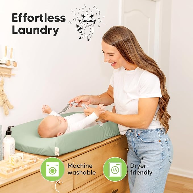 2-Pack Waterproof Changing Pad Covers Boy, Girl – 32x16 Soft Cotton Baby Changing Table Cover, Wipeable Diaper Change Pad Sheets, Contour Baby Diaper Change Mat Liner for Dresser, Nursery (Sage)