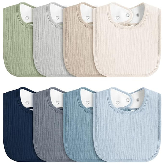 MairMore 8-Pack Baby Muslin Bibs, Soft Cotton Drool Bibs for Boys Girls, Adjustable and Absorbent Newborn Bib Set for Feeding and Drooling
