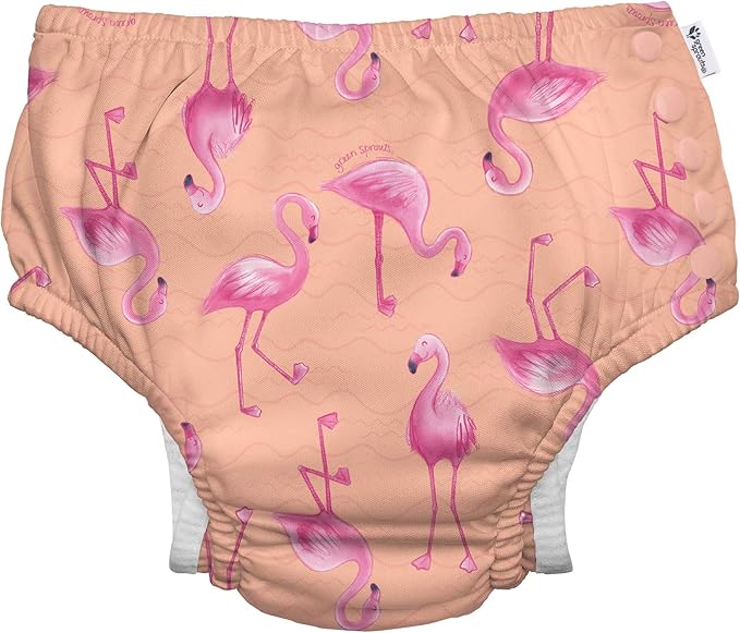 i play. by green sprouts Reusable, Eco Snap Swim Diaper with Gussets, UPF 50, Patented Design, STANDARD 100 by OEKO-TEX Certified - Coral Flamingos - 18 mo