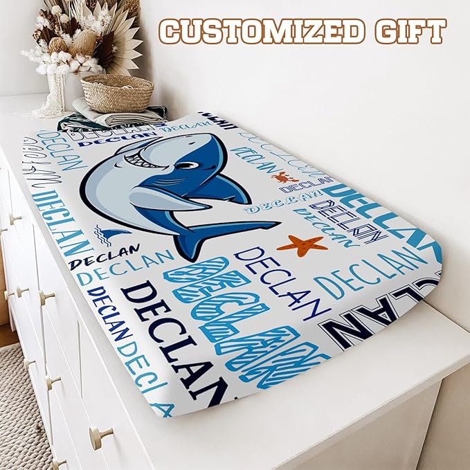 Personalized Toddler Changing Pad Cover - Custom 2 Piece Blue Shark Comfortable Changing Pad Covers for Baby Boys and Girls, Birthday Gift for Toddlers