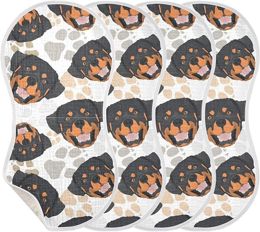 Muslin Burp Cloths for Baby Boys and Girls - 4-Pack Ultra Absorbent Rottweiler Dog Muslin Washcloths, Newborn Towel, Milk Spit Up Rags, Burp Cloth Bib for Unisex, 22 x 11 Inch