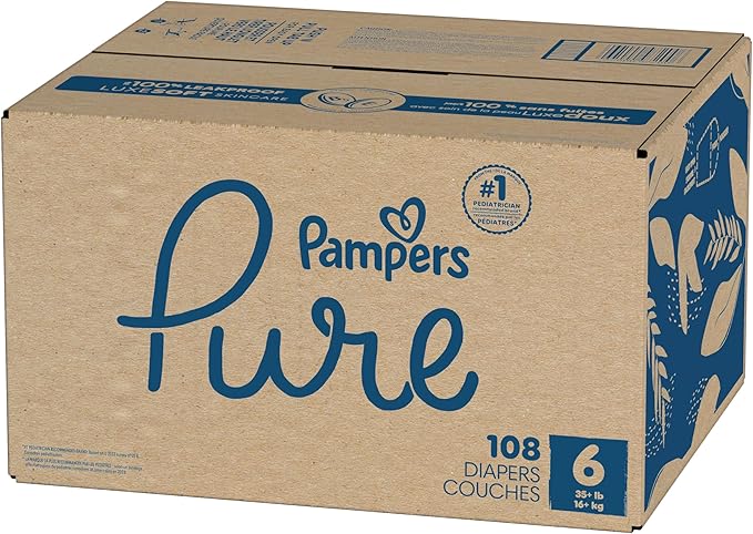 Pampers Pure Baby Diapers, Size 6 (35+ lbs), 108, Up to 100% Leakproof, Premium Hypoallergenic Soft Diapers