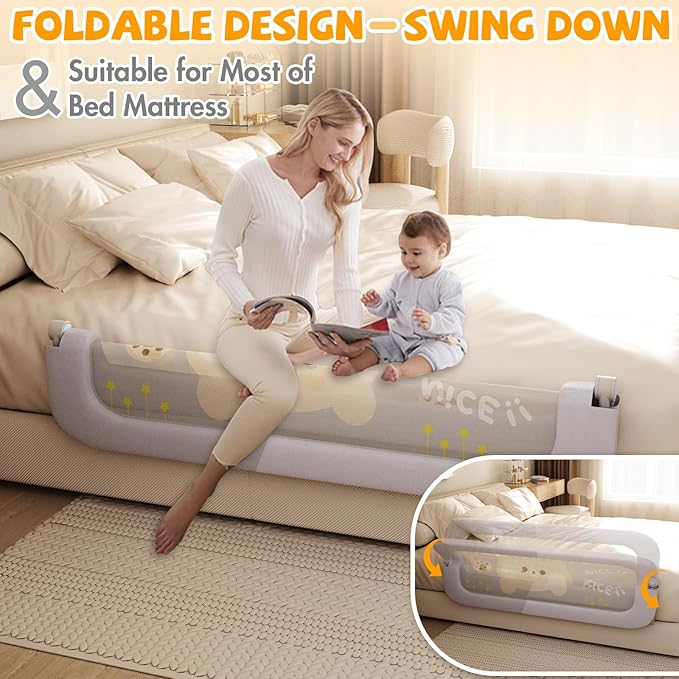 Bed Guard Rail for Toddlers - 47 inches Lift Foldable Toddler Bed Rails for Kids - Safety Baby Bed Rail Guard with Reinforced - Great Fit for Kids Twin Double, Full Size, Queen, King Size