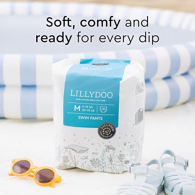 LILLYDOO Baby Swim Diapers - Size Medium (20-33 lbs), Half-Monthly Supply (36 Count), Blue Whales Design, Skin-Friendly, Perfume- & Chlorine-Free, Hypoallergenic, Dermatologist Tested, Oeko-TEX®