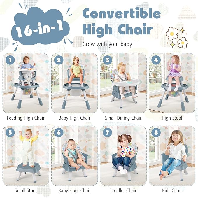 KOTEK 16 in 1 Convertible High Chair, Baby Highchair & Activity Center, Booster Seat, Building Block Table, Toddler Chair with 5-Point Harness, Removable Tray & Cushion (Blue)