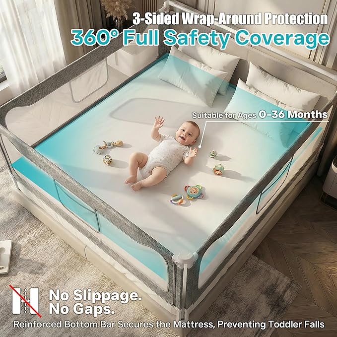 Twin Size Baby Bed Rail Guard – Extra Tall Safety Bedside Rail with Headboard Rod for Toddlers, Adjustable No-Gap Design, 3 Panels (2×74.8″ + 1×39.3″), Gray & Light Blue