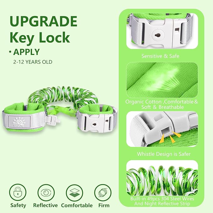 Toddler Harness Walking Leash- Child Anti Lost Wrist Link - Child Safety Harness - Upgrade with Reflective(6.5ft) - for Boys and Girls,Not Easy to Open Without Key (Green)