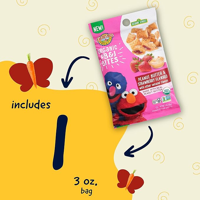 Earth's Best Organic Kids Snacks, Sesame Street Toddler Snacks, Organic PB&J Bites for Toddlers 2 Years and Older, Peanut Butter and Strawberry Flavored with Other Natural Flavors, 3 oz Bag