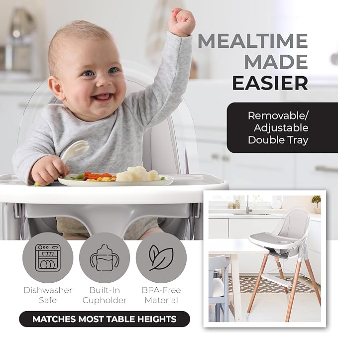 6 in 1 Deluxe Wooden High Chair for Babies & Toddlers, Modern Safe & Compact Baby Highchair, Easy to Clean & Assemble Removable Tray & Cushion, 6 Options 3 Seat Positions 2 Heights