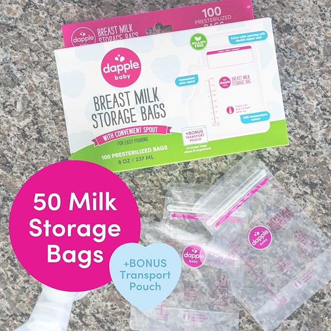 Dapple Breast Milk Storage Bags with East Pour Spout, Leakproof Double Zipper, BPA-Free, Pre-Sterilized, Temperature Sensor, Freezer-Safe, Pump Directly Into Bag, 8oz, 50ct
