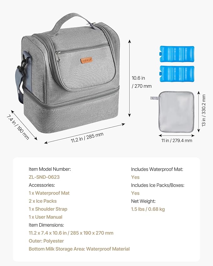 VEVOR Breast Pump Bag, Breast Feeding Bag with Ice Pack, Compatible with Momcozy, Medela & Elvie Pumps, Portable Pump Carrying Case for Breastmilk Storage, Work, Travel and Family Use, Grey