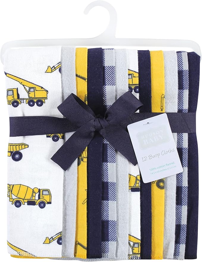 Hudson Baby Unisex Baby Cotton Flannel Burp Cloths Bundle, Construction, One Size