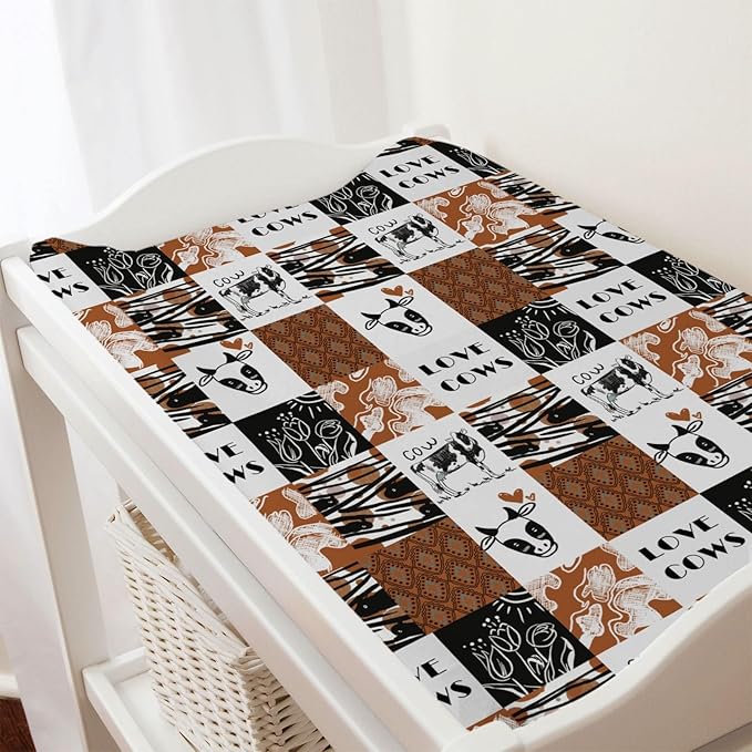 Love Cows Changing Pad Cover Hippie Funny Cows Boho Floral Change Table Pad Cover for Boys Girls Soft Breathable Stretchy Snug Fitted Unisex Diaper Change Table Sheets Mats 32''x16'' Brown