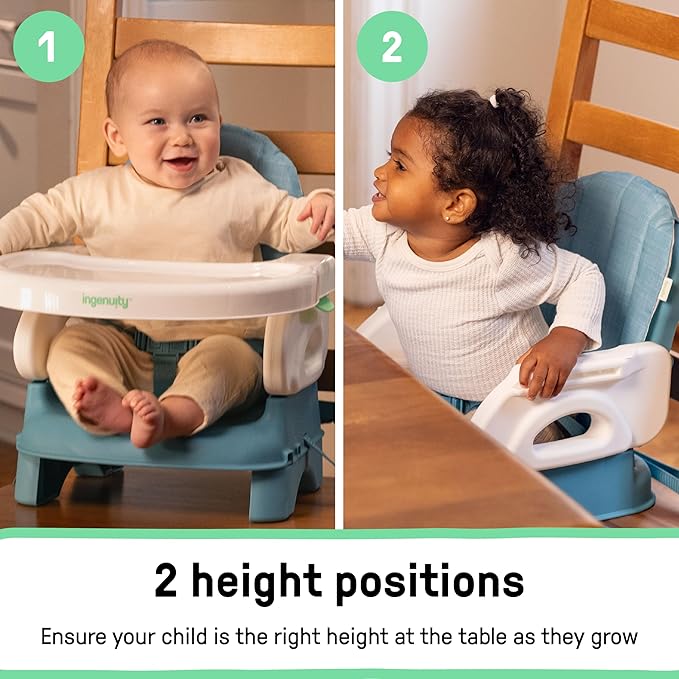 Ingenuity Deluxe Comfort Booster Seat for Kitchen Chair, Compact Fold, Portable, Lightweight, Toddler Booster Seat for Dining Table, from 6 Months to 3 Years – Teal