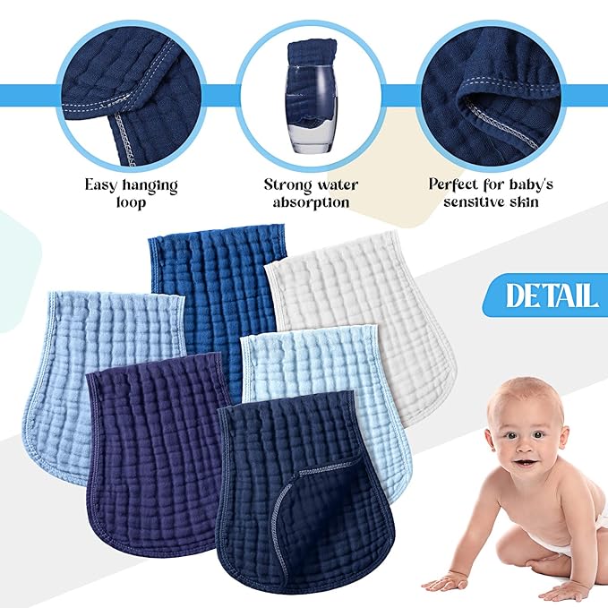 Frienda 6 Pack Muslin Burp Cloths Cotton Large 20''x 9'' Extra Absorbent and Soft Baby Burping Cloth for Baby Boy Girl Unisex(Blue Series)