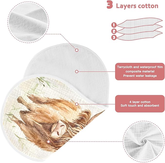 Farm Highland Cow Butterfly Burp Cloths Baby Boys Girls Absorbent Soft Cotton Burping Cloths Rags, 4 Pack