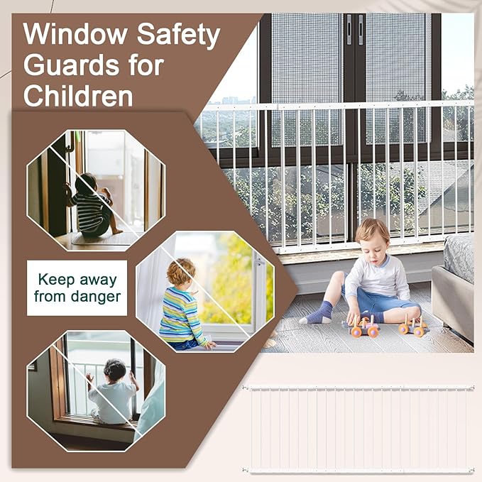 Fairy Baby Window Guards for Children, 87.4"-112.2" Adjustable Wide Child Safety Window Guard Prevents Accidental Falls, Home Security Childproof Interior Bar Guard for Windows Wide (4 Panels)