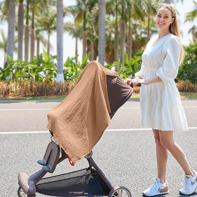 Muslin Nursing Cover for Breastfeeding, Breathable 100% Cotton Privacy Nursing Covers with Rigid Hoop for Mother Nursing Apron, Include Two Baby Bibs, Soft Arch Neckline Nursing Apron