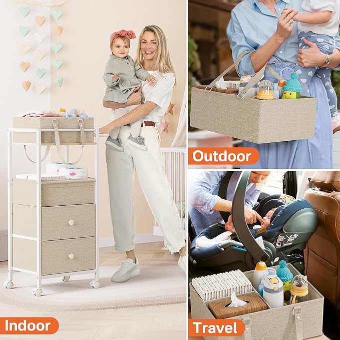 Modanais Baby Diaper Caddy Organizer Cart with Drawers - 3In1 Rolling Storage Cart with Wheels, Removable Diaper Caddy, Detachable Dividers - for Crib, Bedroom, Art & Craft Organizer (Off White)