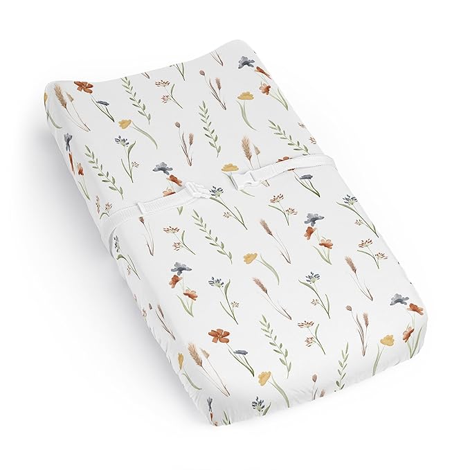 Sweet Jojo Designs Boho Floral Garden Flower Girl Baby Changing Pad Cover Sheet Infant Newborn Diaper Table Change Mat Cover - Watercolor Bohemian Farmhouse Wildflower Vintage Shabby Chic Green Nature