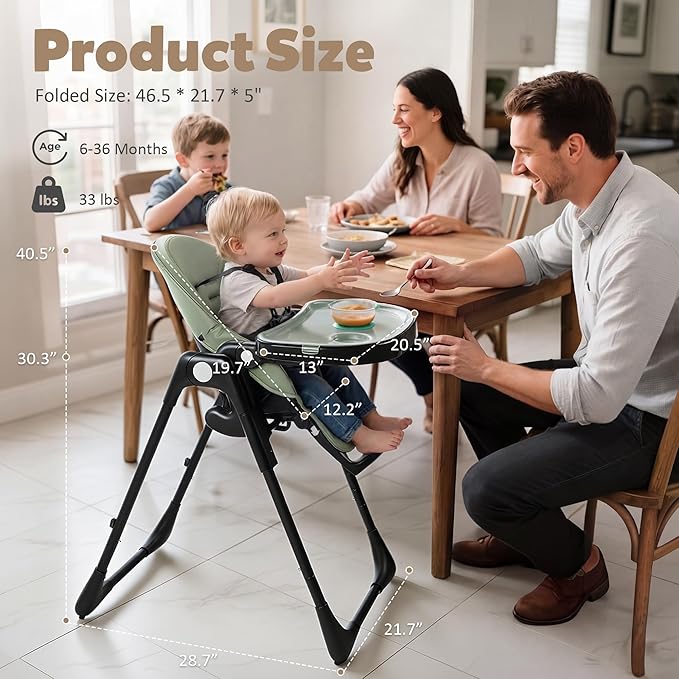 TODEFULL 3 in 1 Foldable Baby High Chair, Infant High Chairs for Babies and Toddlers, 6 Height & 5 Recline Adjustable Toddler Feeding Chair, 2 Tray Depth & 3 Footrest Angles, 2 Built-in Wheels, Green