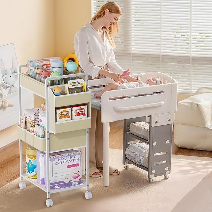 Diaper Cart Rolling Storage, 3-Tier Nursery Organizer with Removable Diaper Caddy, Mobile Metal Caddy for Baby Wipes & Toys, Small Utility Cart for Tight Spaces