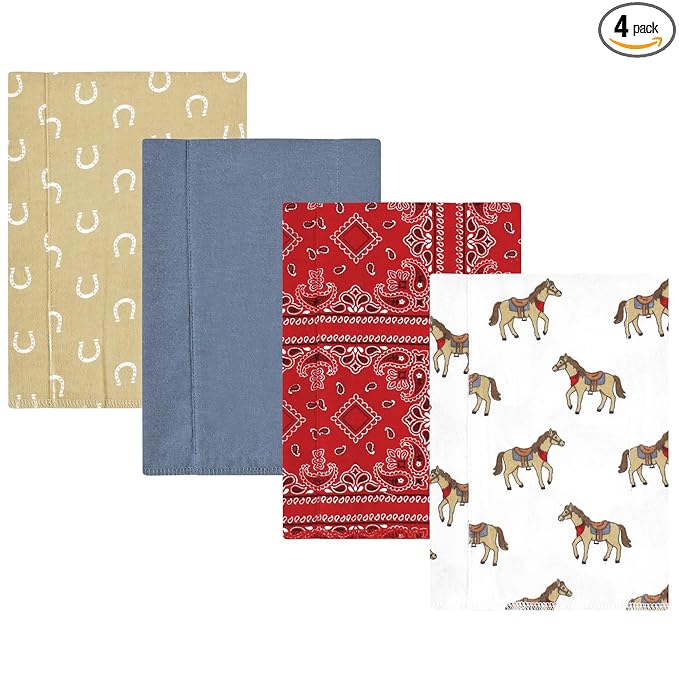 Hudson Baby Unisex Baby Cotton Flannel Burp Cloths, Cowboy 4-Pack, One Size