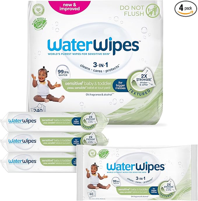 WaterWipes Sensitive+ Baby & Toddler Wipes, 3-In-1 Cleans, Cares, Protects, 99.9% Water, Textured Clean, Unscented & Hypoallergenic, 240 Count (4 Packs)