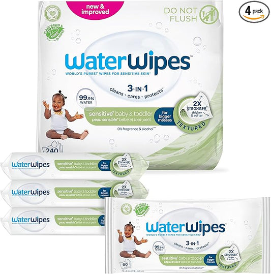 WaterWipes Sensitive+ Baby & Toddler Wipes, 3-In-1 Cleans, Cares, Protects, 99.9% Water, Textured Clean, Unscented & Hypoallergenic, 240 Count (4 Packs)