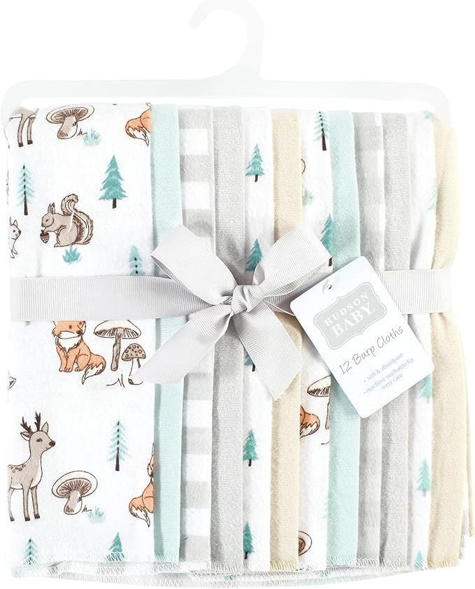 Hudson Baby Unisex Baby Cotton Flannel Burp Cloths Bundle, Neutral Woodland Pals, One Size
