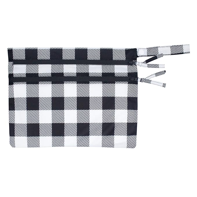 BapronBaby White Buffalo Plaid Wet Dry Bag - Waterproof Two Zipper Pockets - Reusable for Mealtime, Diapers, Stroller, Snacks, Swimsuits - Machine Washable - 11" x 9"