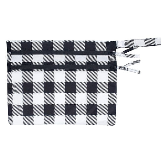 BapronBaby White Buffalo Plaid Wet Dry Bag - Waterproof Two Zipper Pockets - Reusable for Mealtime, Diapers, Stroller, Snacks, Swimsuits - Machine Washable - 11" x 9"