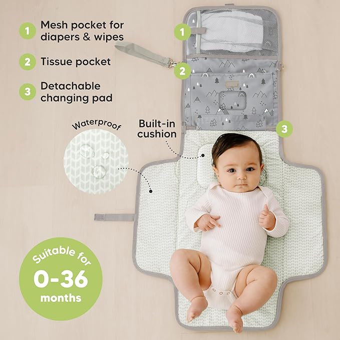 KeaBabies Portable Diaper Changing Pad, Travel, Car - Large Waterproof Baby Changing Mat, Wipeable, Padded, On The Go Travel Diaper Clutch Bag, Easy to Use Pockets for Newborn Essentials (Woodland)