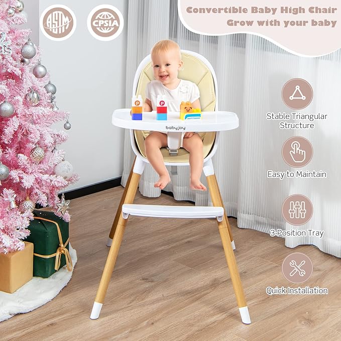 HONEY JOY High Chair, 3-in-1 Eat & Grow Highchair/Booster Seat/Toddler Chair w/Removable Tray, Safety Harness, Steel Legs, PU Cushion and Footrest for Baby, High Chair for Babies and Toddlers (Beige)