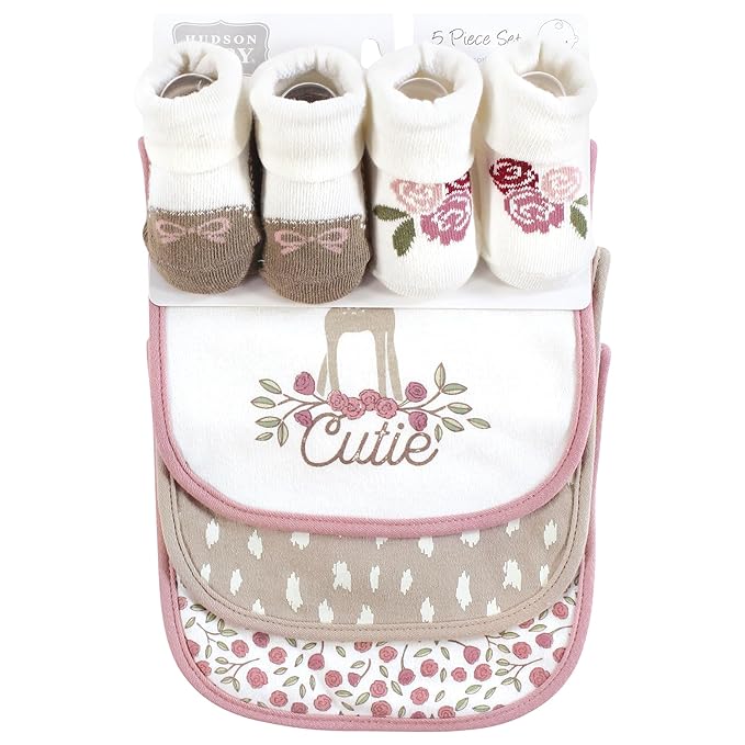 Hudson Baby Infant Girl Cotton Bib and Sock Set, Fawn Cutie, One Size