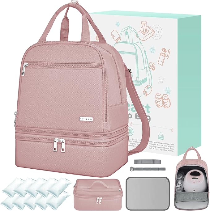 Breast Pump Bag with Insulated Cooler, Double-Layer Pumping Bag for Work & Travel, Fits Most Electric Breast Pumps, Includes 10 Ice Packs & Waterproof Mat, Detachable Bottle Cooler Tote, Pink