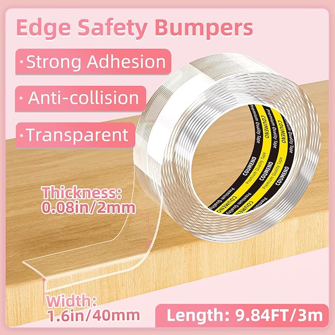 Clear Edge Protector & Corner Protectors, 1.6in（W x 9.84FT(L), Baby Proof Corner Guards for Sharp Edges, Safety Bumper Strip for Furniture, Drawers, Tables & Cabinets