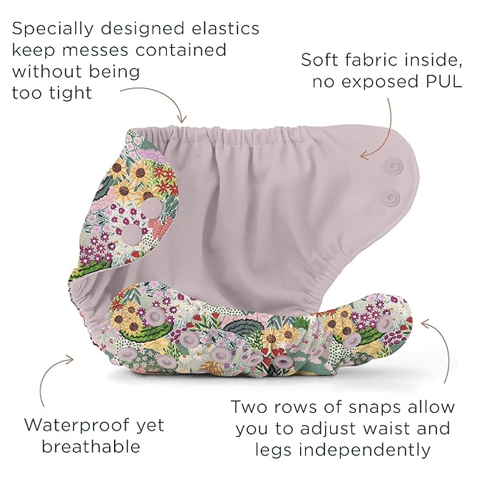 Esembly Cloth Diaper Bundle Set - 3 Organic Cotton Absorbent Inners and 1 Waterproof Outer Diaper Cover - Reusable, Washable, Snap Closure Cloth Diapers - Size 1 (7-17lbs), Botanic Gardens