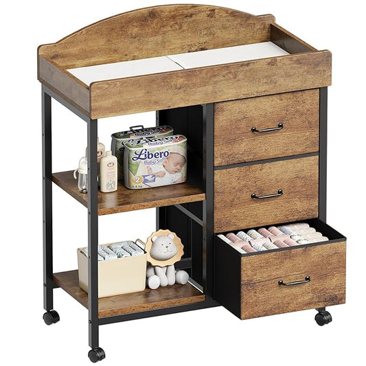 YeTom Changing Table Dresser, Baby Dresser with 3 Fabric Drawers and 2 Shelves, Multi-Functional Baby Changing Table with Pad, Classic Nursery Dresser, Diaper Changing Station, Rustic Brown