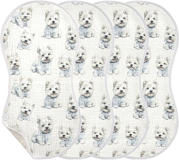 vvfelixl Baby Burp Cloths Cute Cartoon West Highland Terriers Baby Newborn Cotton Burping Cloths Set Babys Washcloths 4 Pack